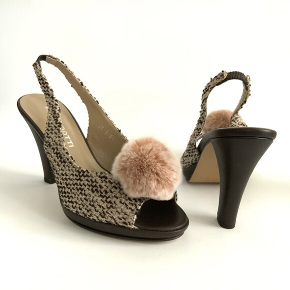 Via Condotti  Tweed Pom Pom Sling-back Peep-toe Sandals Brown 8 - Picture 3 of 11